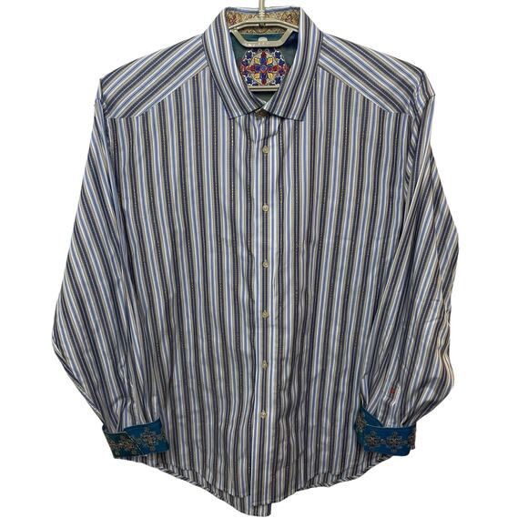 Robert Graham Men’s Striped Button Down Shirt Silk Trim Flip Cuff Blue Size XXL
